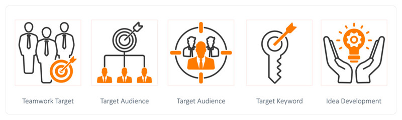 A set of 5 Seo icons as teamwork target, target audience, target keyword