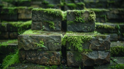 A close-up of stacked stone blocks with moss growing between them.