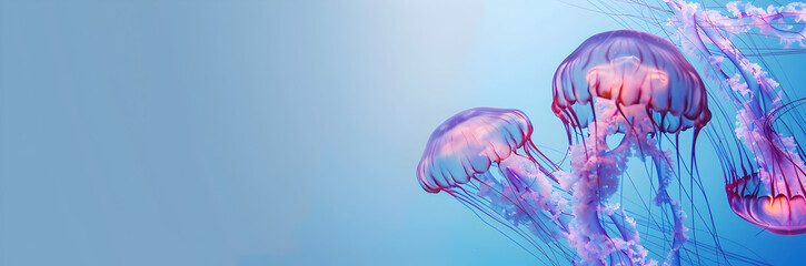 Jellyfish web banner. Jellyfish isolated on blue background with copy space. - Powered by Adobe