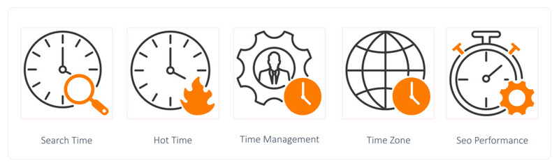 A set of 5 Seo icons as search time, hot time, time management