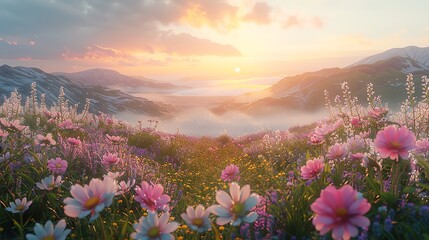 Misty moorland at dawn, soft light illuminating the dewy grasses and wildflowers