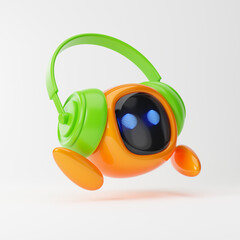 Cute robot listening to music in headphones isolated over white background. Technology concept. 3d rendering.