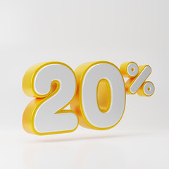 White twenty percent or 20 % with gold outline isolated over white background. 3D rendering.