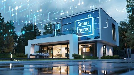 A modern residential house with Smart Home written on the side, showcasing innovative and automated solutions for a safe, sustainable, and energy-efficient living environment.