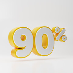 White ninety percent or 90 % with gold outline isolated over white background. 3D rendering.