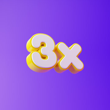White 3x symbol with yellow outline isolated over purple background. 3D rendering.