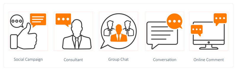 A set of 5 Seo icons as social campaign, consultant, group chat