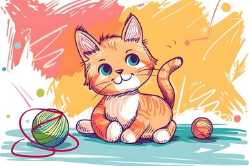 Adorable Cartoon Cat Playing with Colorful Yarn Balls in Lively