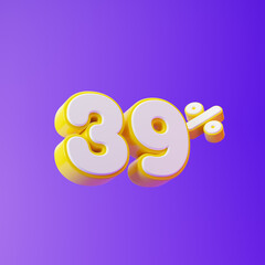 White thirty nine percent or 39 % with yellow outline isolated over purple background. 3D rendering.