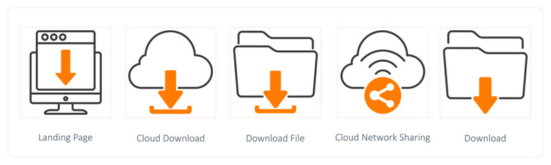A set of 5 Seo icons as landing page, cloud download, download file