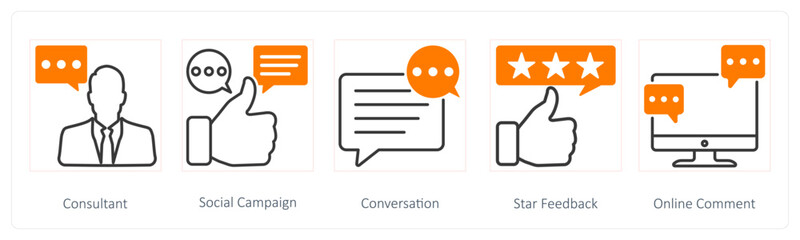 A set of 5 Seo icons as consultant, social campaign, conversation