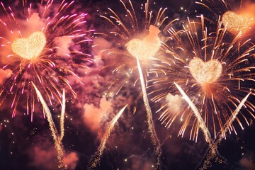 Fototapeta premium Bright fireworks display with heart-shaped designs in the night sky, glowing with pink and gold colors, creating a festive and romantic atmosphere.