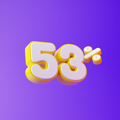 White fifty three percent or 53 % with yellow outline isolated over purple background. 3D rendering.