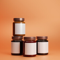 Set of different glass jam jars with blank label isolated over orange background. Mockup template. 3d rendering.