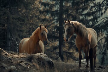 Two horses standing in a dense forest setting, surrounded by trees and natural landscape, captured in soft, natural light.