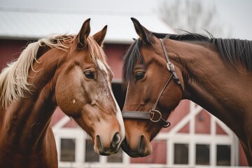 Close-up of two horses nuzzling each other affectionately in front of a barn. The horses display a sense of companionship and tranquility.