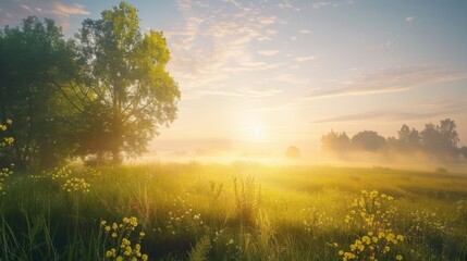 Fototapeta premium Peaceful countryside sunrise, with mist rising over a tranquil meadow and the first light of dawn coloring the sky.