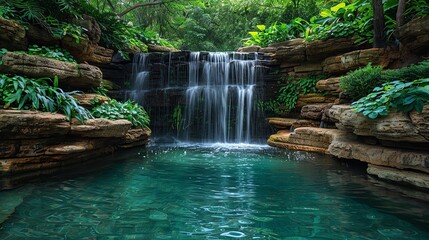 Serene waterfall cascading into a clear pool, lush greenery and a tranquil ambiance