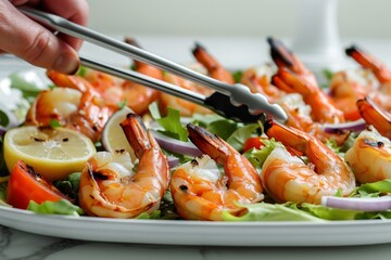 Close-up of grilled shrimp salad with lemon, greens, and tomato on a white plate, with a person's hand using tongs to serve.