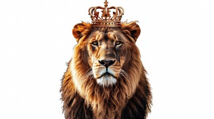 king lion wearing a crown isolated on white background realistic