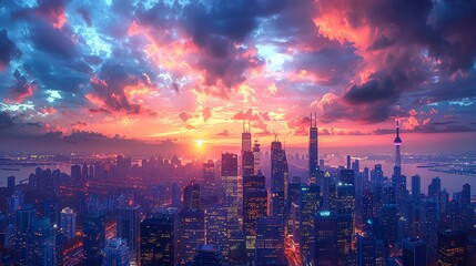 Fototapeta premium Vibrant cityscape at twilight, skyscrapers illuminated against a colorful sunset