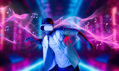 Caucasian man moving to music while using virtual reality glasses. Energetic person with casual...