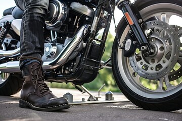 Close-up of a biker's boot next to a motorcycle wheel, showcasing detailed textures of the leather boot and chrome parts of the motorcycle under sunlight.