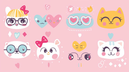 Multiple adorable kawaii cat faces with big eyes and small noses arranged on a vibrant pink background