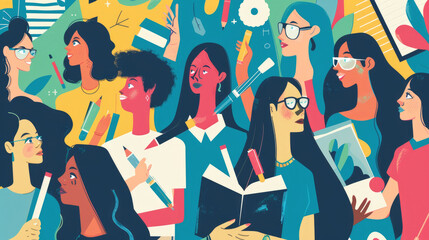 Illustration of a diverse group of individuals engaged in a learning session inside a classroom