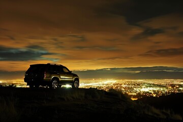 A car parked on a hill overlooking a brightly lit cityscape at night, with a dramatic, cloud-filled sky.