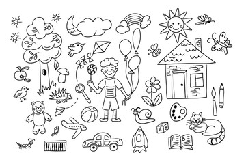 Childish doodle set of like kids drawings. Collection of ordinary children items in sketchy contour style isolated on white background. Monochrome outline stickers