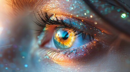A close-up of an eye with the iris composed of colorful dots.
