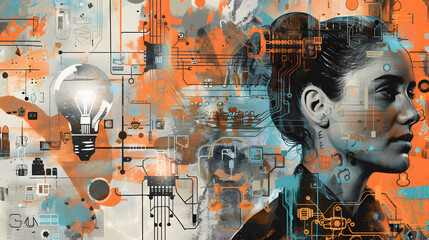 Innovation and Ideas: Lightbulbs, Creative Tools, Circuit Boards, Technology and Science Abstract with Female Profile in Orange, Blue, and Grey 
