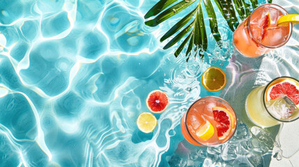 A collection of assorted drinks resting on the edge of a swimming pool, ready to be enjoyed under the sun on a hot day