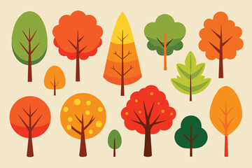 Set of Set of vector illustration of autumn trees and bushes. Bundle of colorful trees with orange, green and red leaves