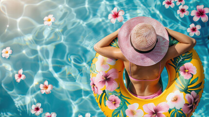 A woman in a pink sun hat relaxes in a flower-patterned float ring in a clear blue pool under the bright sun, surrounded by floating tropical hibiscus flowers