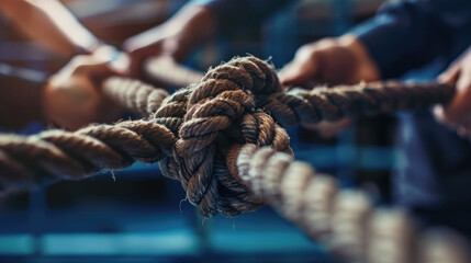 Several individuals are engaged in tying a rope together, demonstrating teamwork and coordination