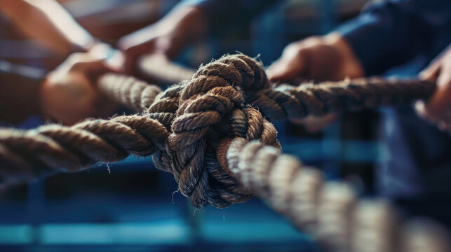 Several individuals are engaged in tying a rope together, demonstrating teamwork and coordination