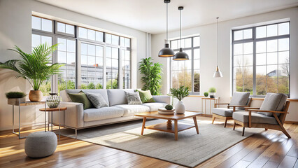 Bright living room with white walls, minimalistic furniture, and large windows allowing natural light