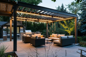 Modern outdoor patio with illuminated pergola, comfortable seating, and a built-in grill setup. Surrounded by lush greenery and evening ambiance lighting.