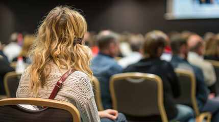 A woman sits in front of an audience at a conference, listening intently to the speaker - Powered by Adobe