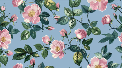 Floral seamless pattern with pink dog rose flowers