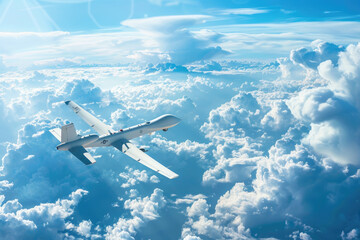 A drone hovers in the sky high above the thick clouds, capturing a birds eye view of the world below