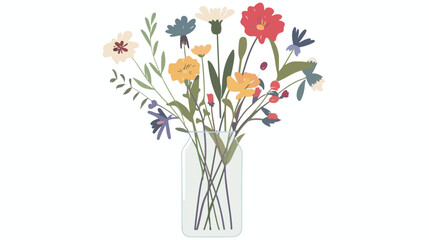 Flowers in glass vase. Spring floral plant field