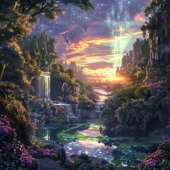 Obraz premium 3D,cascading waterfall forcefully splashing against rocks in the foreground, serene river slicing through lush forest, golden rays of sunset piercing dense trees, and shadows 