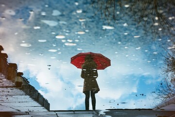 Reflection of a person holding a red umbrella in a puddle on a rainy day, with a cloudy sky and scattered raindrops visible.