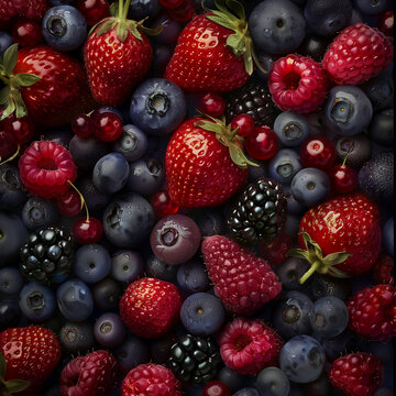 Fondo con detalle y textura de multitud de frutos rojos como fresas, moras y arandanos