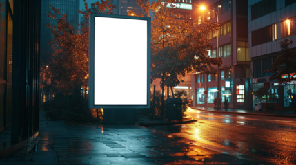 blank white vertical advertising banner mockup illuminated against the nighttime backdrop of a city on white and transparent background