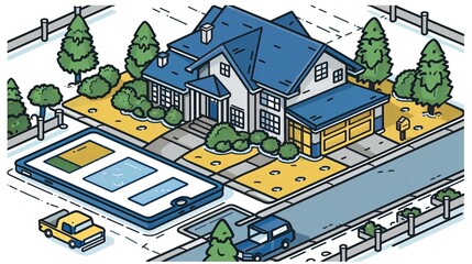 An isometric illustration showing a house and a car in a simple and detailed design