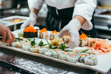 Chefs preparing assorted sushi rolls and sashimi with precision in a professional kitchen setting, highlighting hands and food preparation.